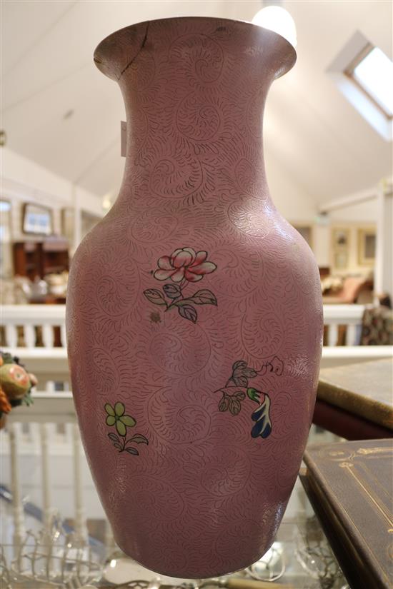 A 19th century Chinese pink glazed porcelain vase 16.5in. (a.f.)